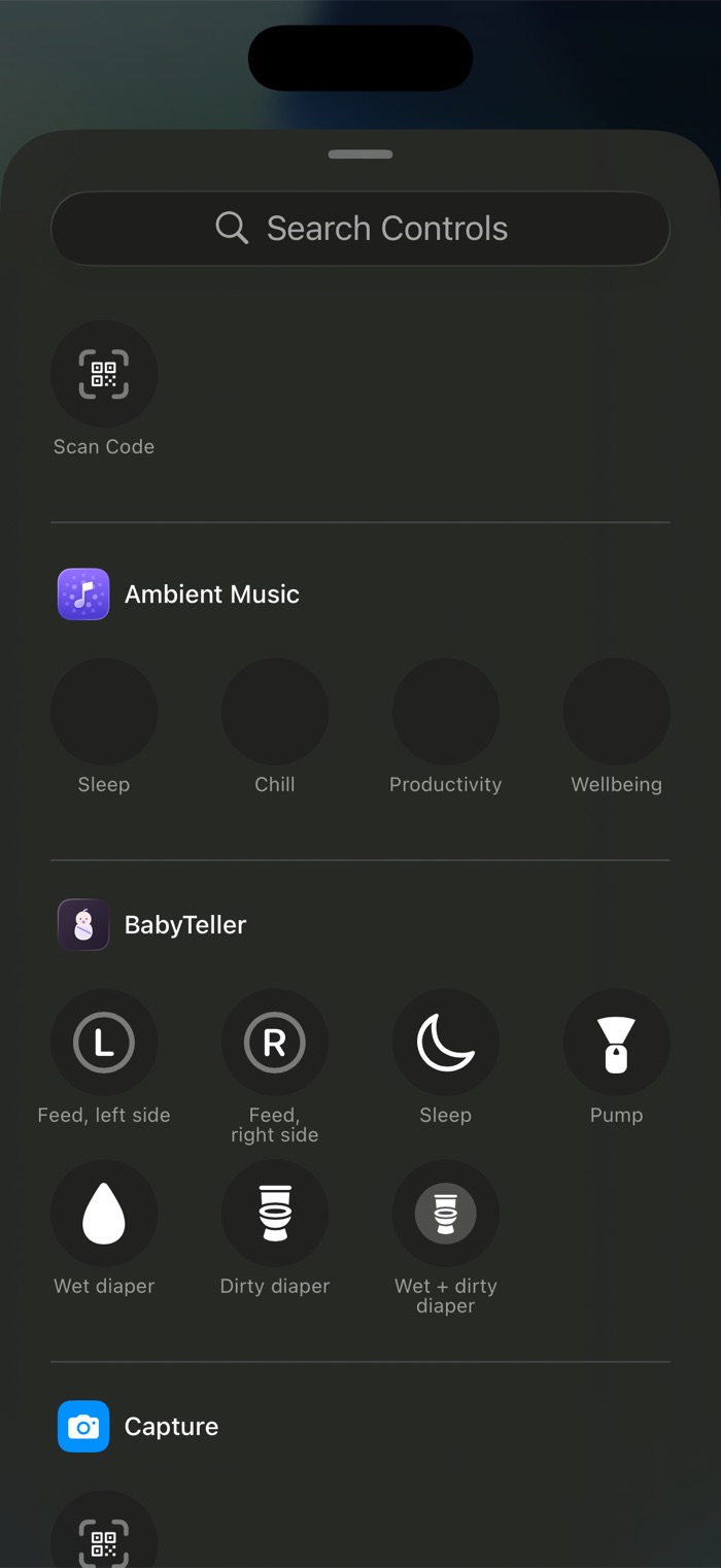 The Control Center gallery listing BabyTeller's seven controls by name.