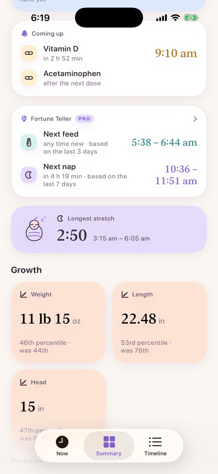 A summary card showing the next feed any time now, and the next nap between 10:36 and 11:51 am