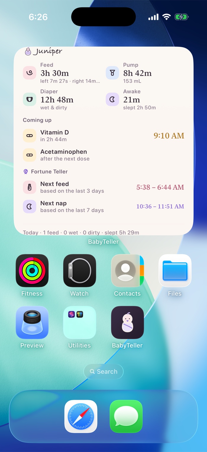 A Home Screen widget listing the next feed and the next nap