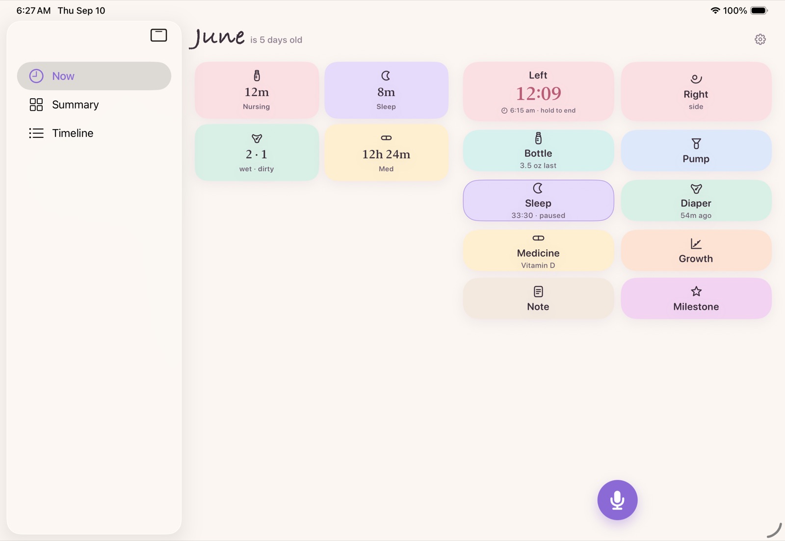 BabyTeller on an iPad in landscape, with how long since each thing on the left and the buttons to log the next one on the right