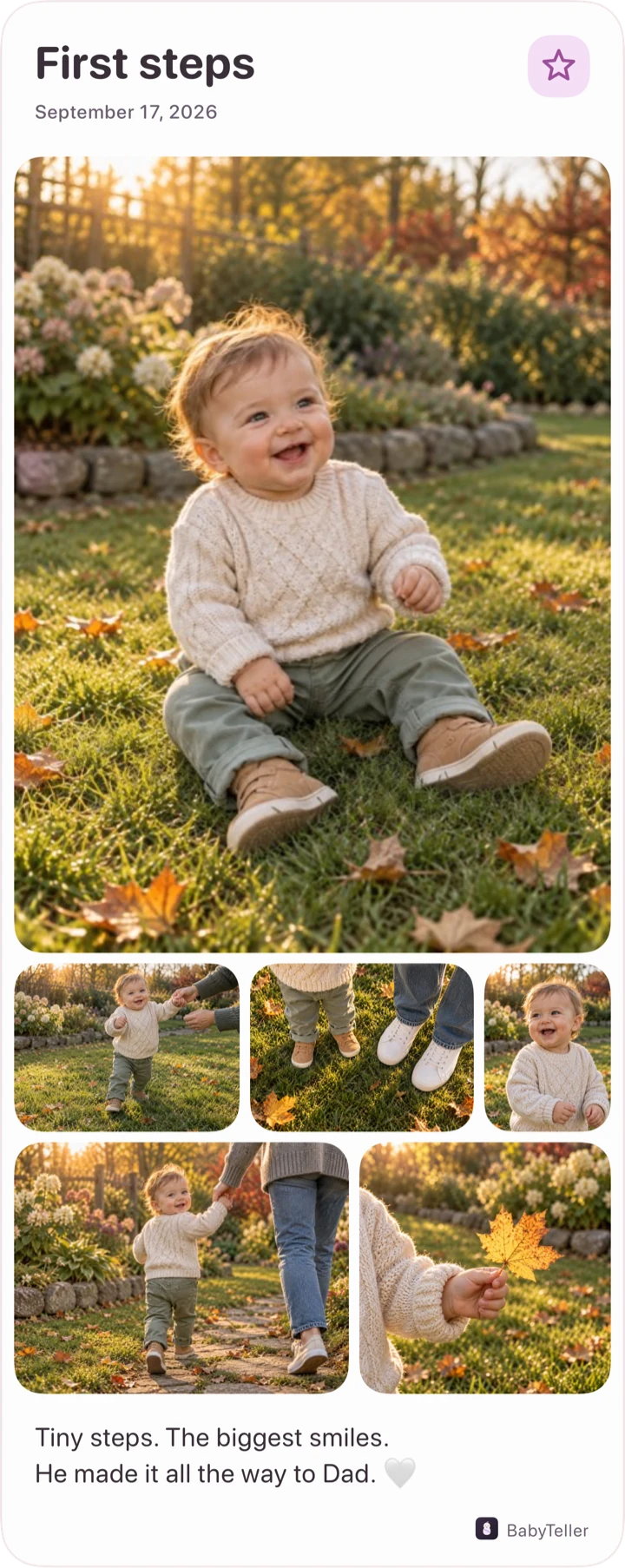 The whole story: a first steps milestone card in soft cream