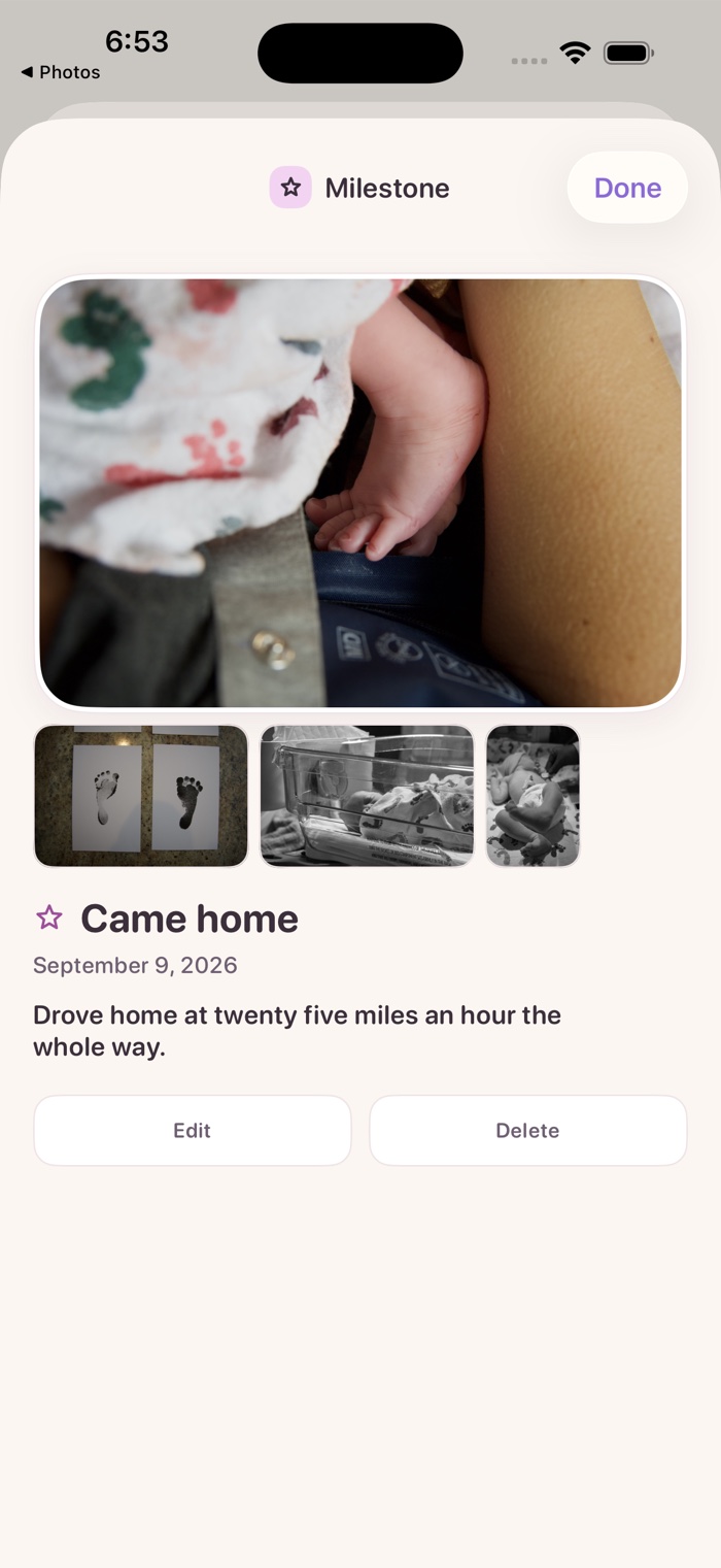 A milestone in BabyTeller: Came home, September 9 2026, with a lead photograph of a newborn's foot and a row of three more underneath.