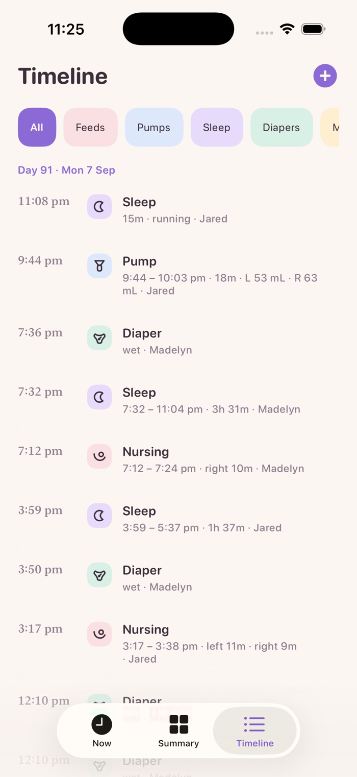 The timeline, showing each entry with its span and which parent logged it, Jared and Madelyn.