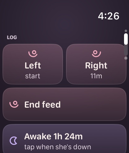 Apple Watch Log screen with feeding buttons, End feed, and an Awake timer