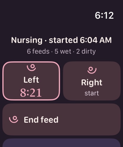 BabyTeller on an Apple Watch: Nursing started 6:04 AM, six feeds, five wet, two dirty, with the left side counting 8:21 and an End feed button.