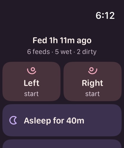 The same watch screen showing Fed 1h 11m ago and Asleep for 40m.