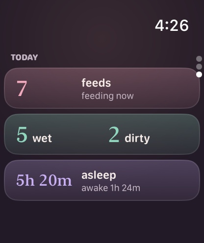 Apple Watch Today screen showing seven feeds, five wet and two dirty diapers, and five hours twenty minutes asleep