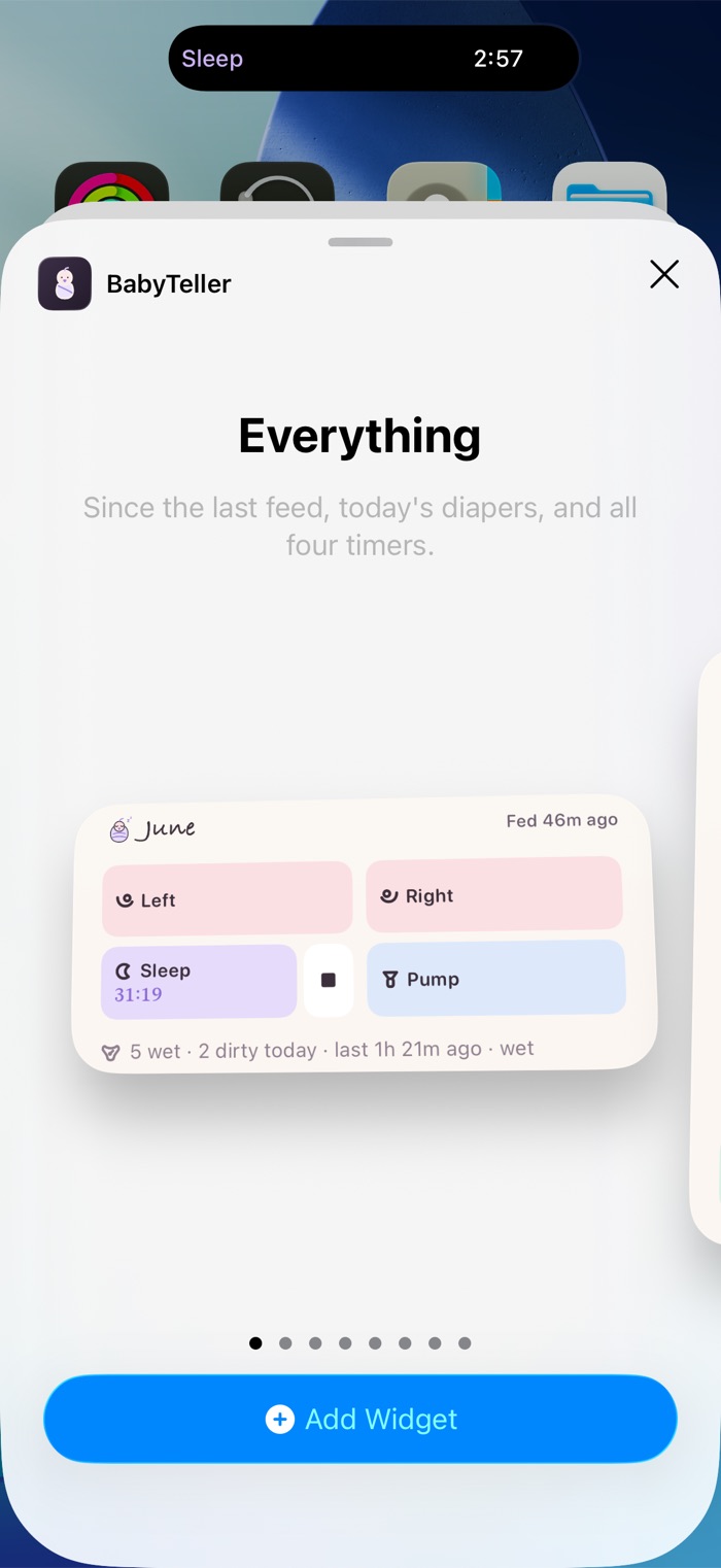 Choosing a BabyTeller widget from the iOS widget gallery